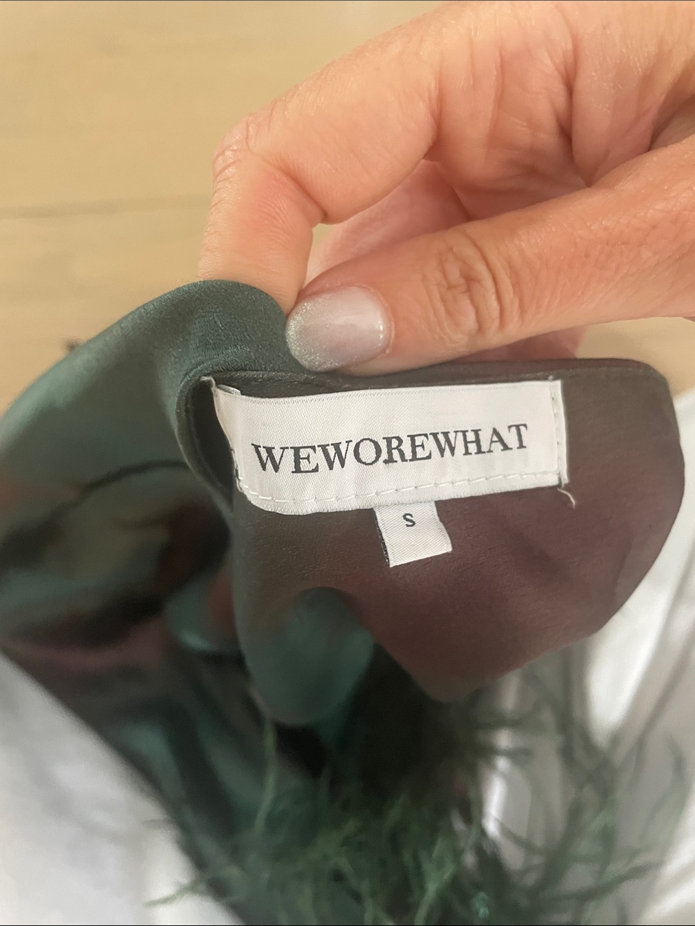 WeWoreWhat Green and Burgundy Tie-Dye Feather Hem Mini Dress - Picture 3 of 3